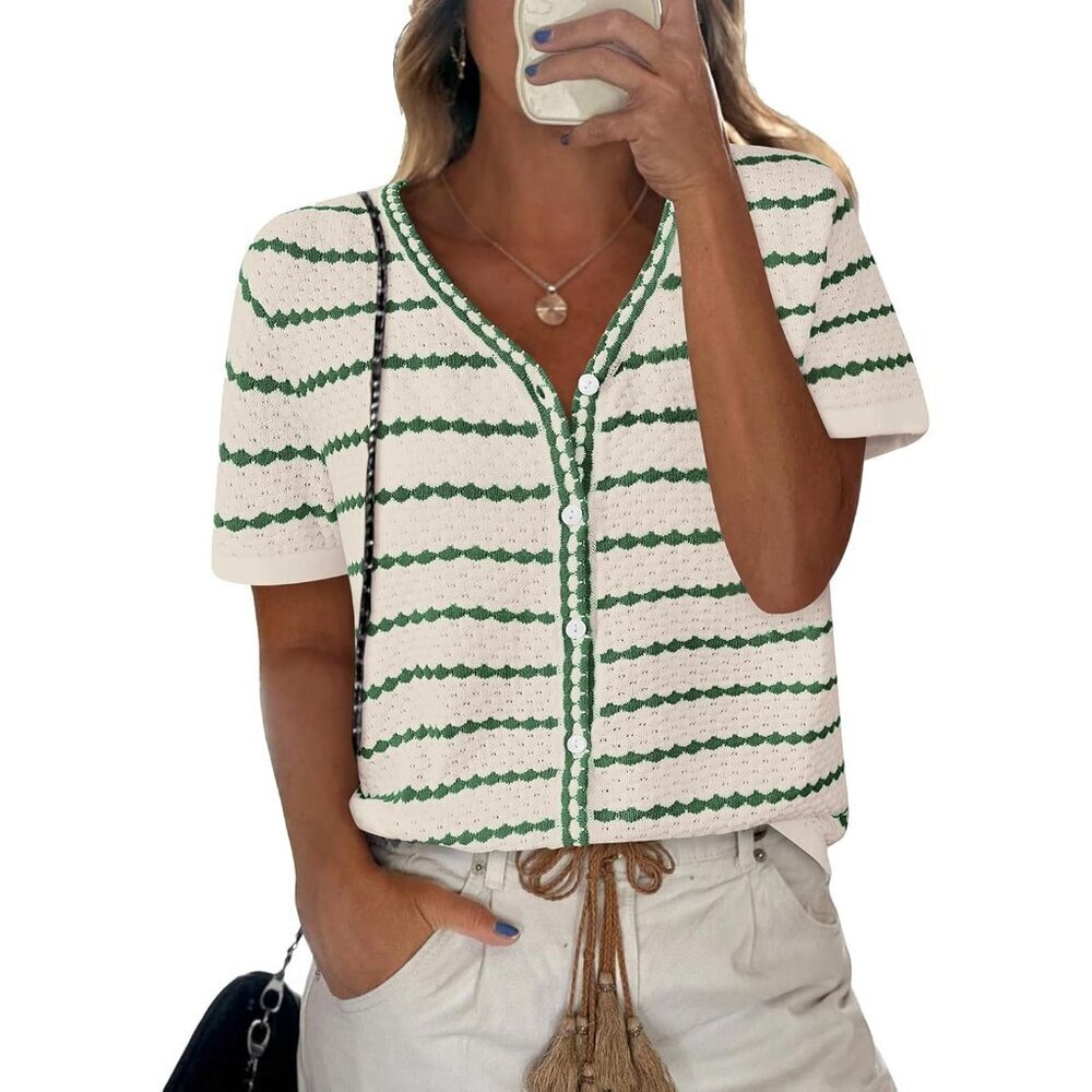 Women's Cotton Blend Short Sleeve Sweater V-Neck Striped Casual Top